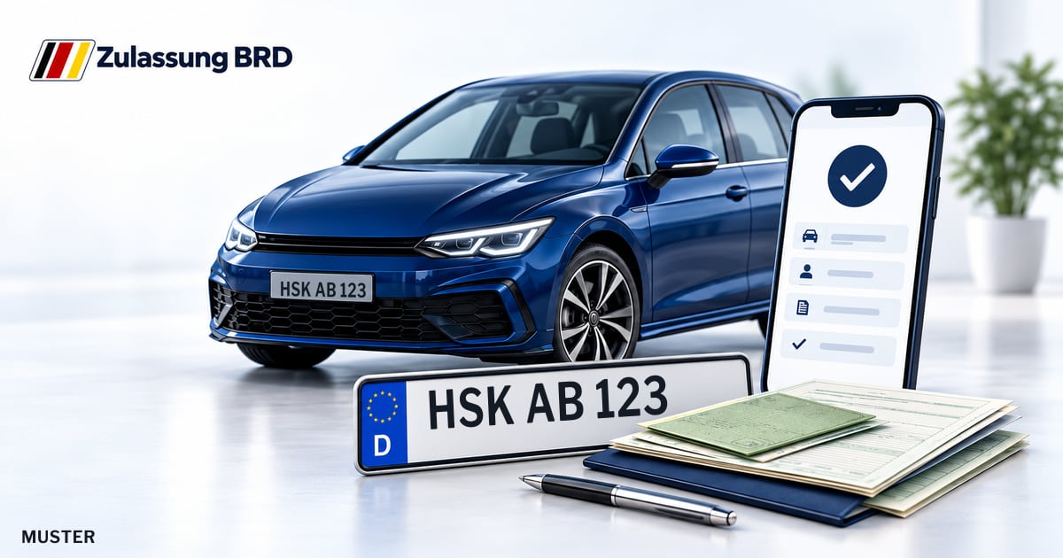 Online Fahrzeugzulassung in Bestwig: Musterkennzeichen HSK AB 123, Auto und Fahrzeugpapiere und Smartphone. Illustration mit Logo von Zulassung BRD.